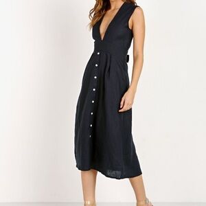 Faithfull the Brand Navy Linen Midi Dress w/Plunge Neckline